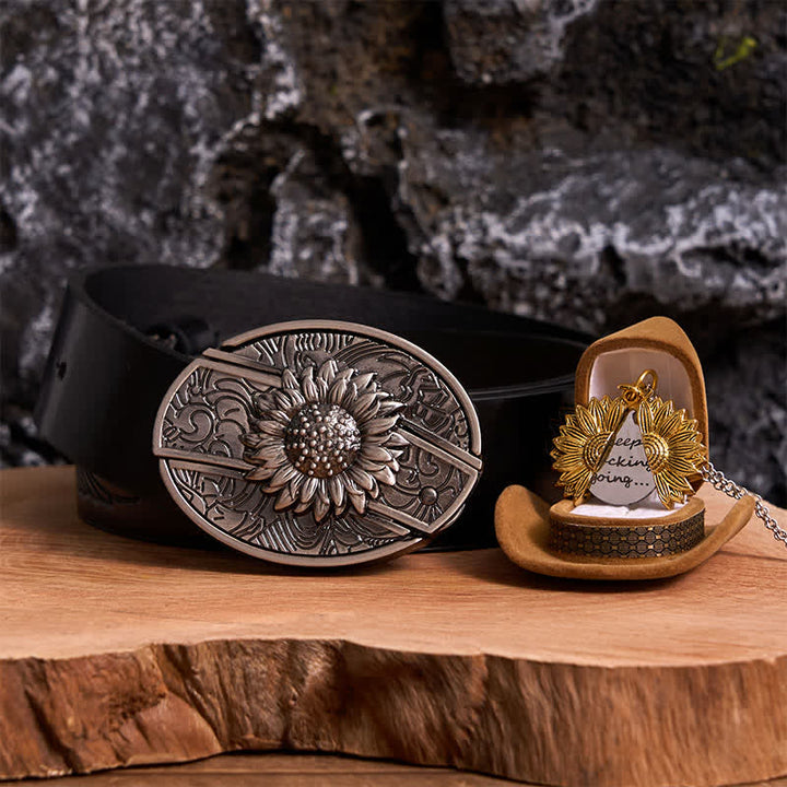 Silbernes DIY-Gürtelschnallen-Halsketten-Bundle-Set mit verstecktem Messer und Sonnenblumenmotiv