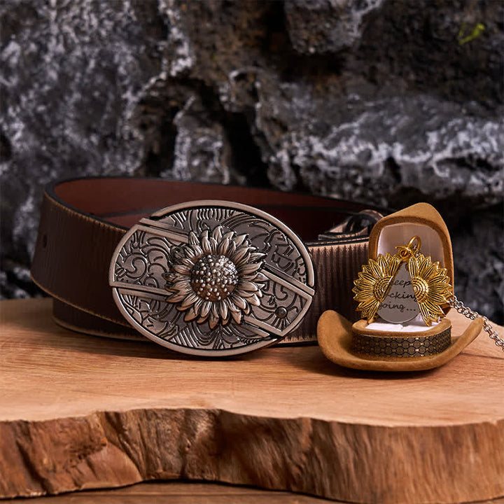 Silbernes DIY-Gürtelschnallen-Halsketten-Bundle-Set mit verstecktem Messer und Sonnenblumenmotiv