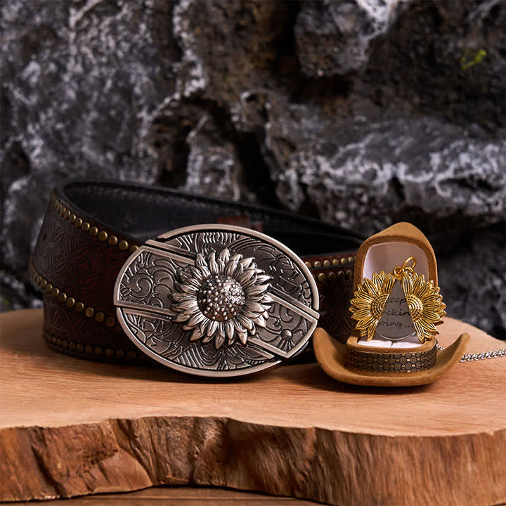 Silbernes DIY-Gürtelschnallen-Halsketten-Bundle-Set mit verstecktem Messer und Sonnenblumenmotiv