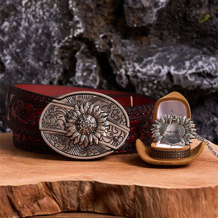 Silbernes DIY-Gürtelschnallen-Halsketten-Bundle-Set mit verstecktem Messer und Sonnenblumenmotiv