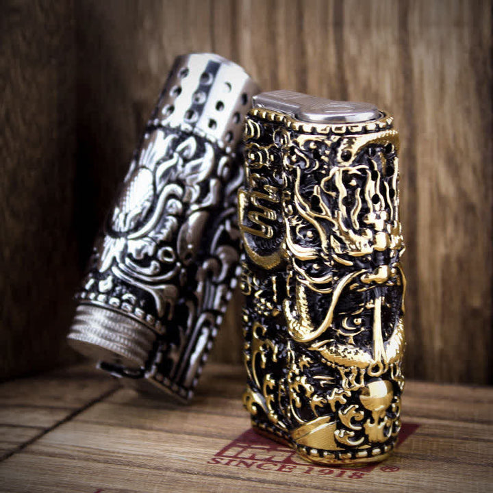 Nachfüllbares Kerosinfeuerzeug mit geprägtem Drachen und abnehmbarer Schale