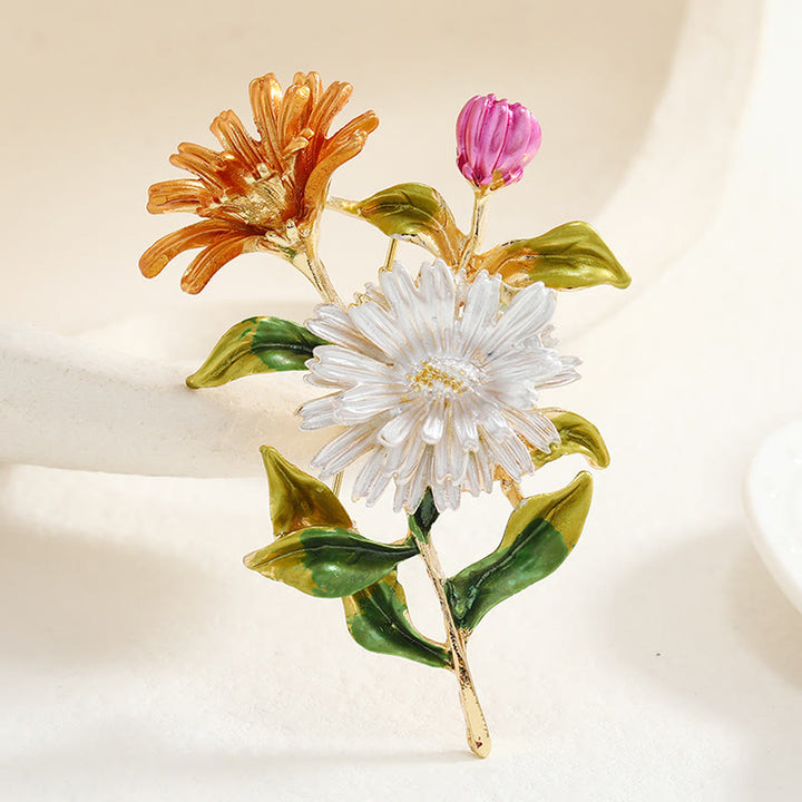 Emaille-Brosche mit Gänseblümchen-Blumenstrauß für Damen