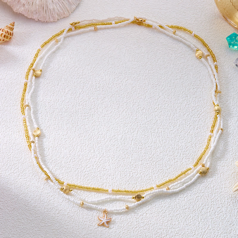 Damen Boho Strand Mehrschichtige Seestern Muschel Perlen Taillenkette