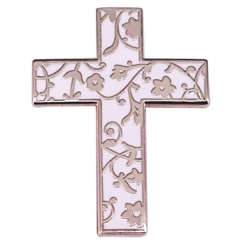 Emaille-Brosche mit floralem Kreuz