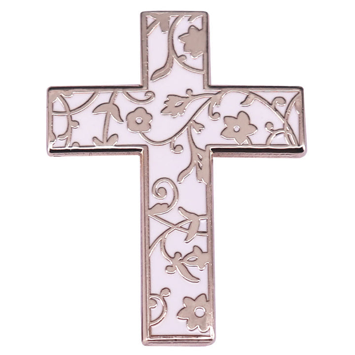 Emaille-Brosche mit floralem Kreuz