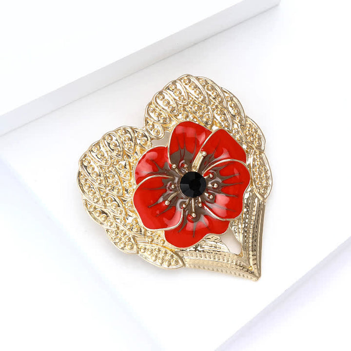 Luxuriöse Emaille-Brosche mit Mohnblumenmotiv und goldenem Herz