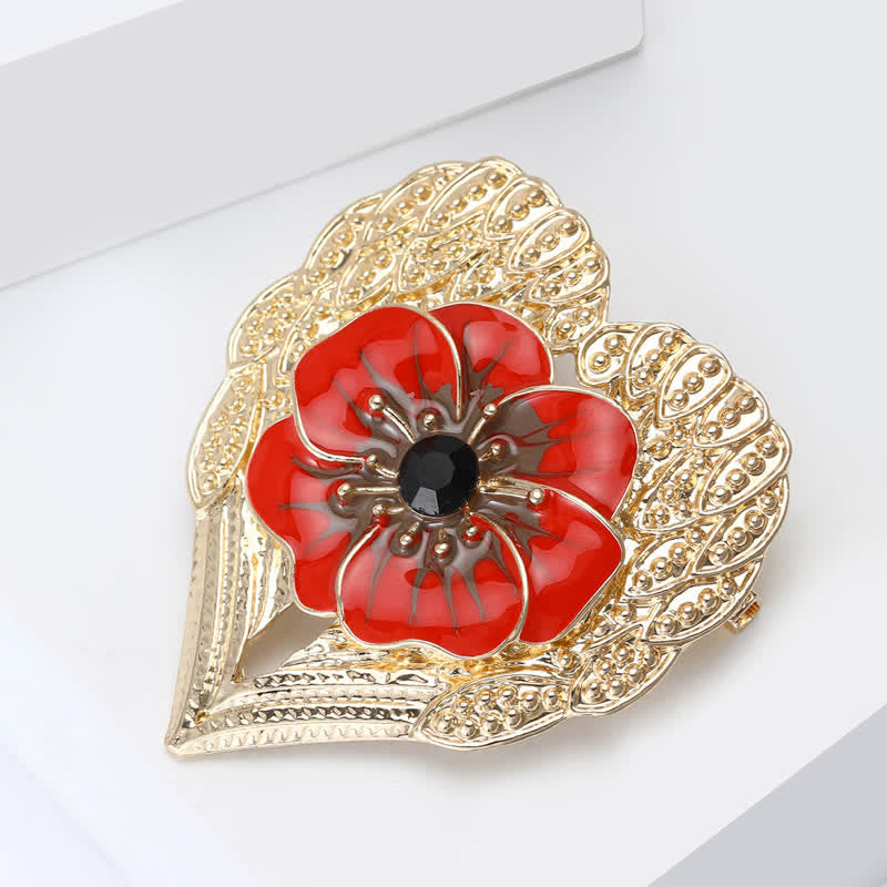 Luxuriöse Emaille-Brosche mit Mohnblumenmotiv und goldenem Herz