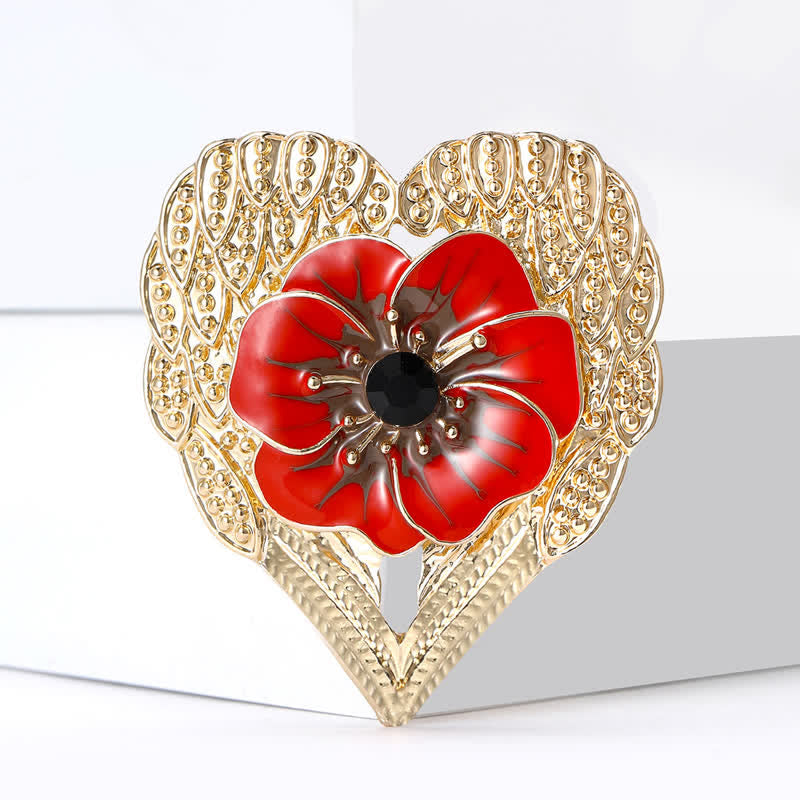Luxuriöse Emaille-Brosche mit Mohnblumenmotiv und goldenem Herz