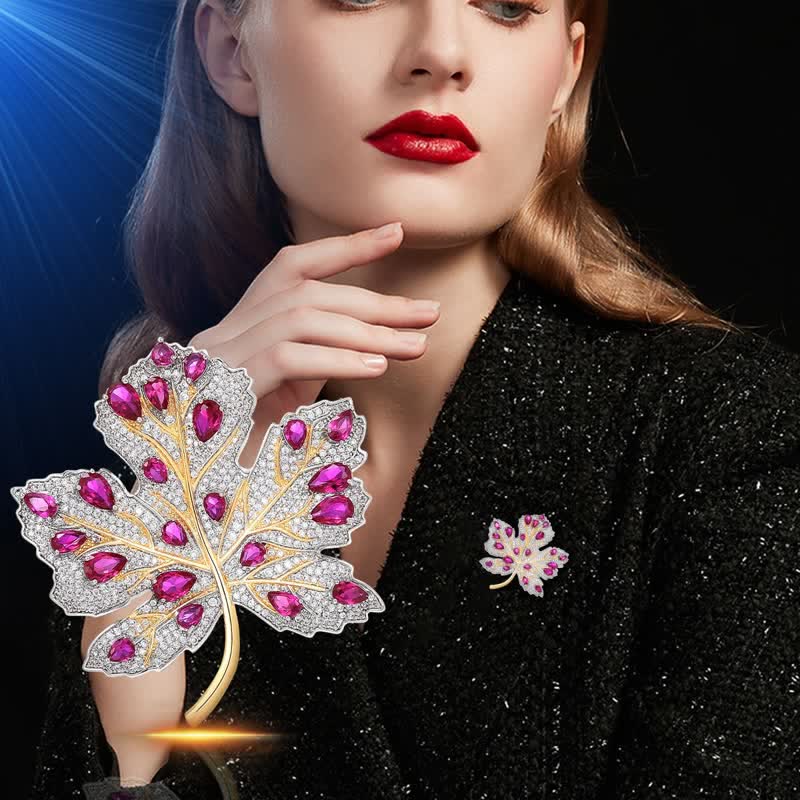 Damen-Brosche mit Ahornblatt-Motiv, rosa und weiß, mit Kristallen