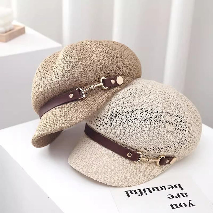 Damen Sommer Baskenmütze aus Stroh mit Lederbanddekor