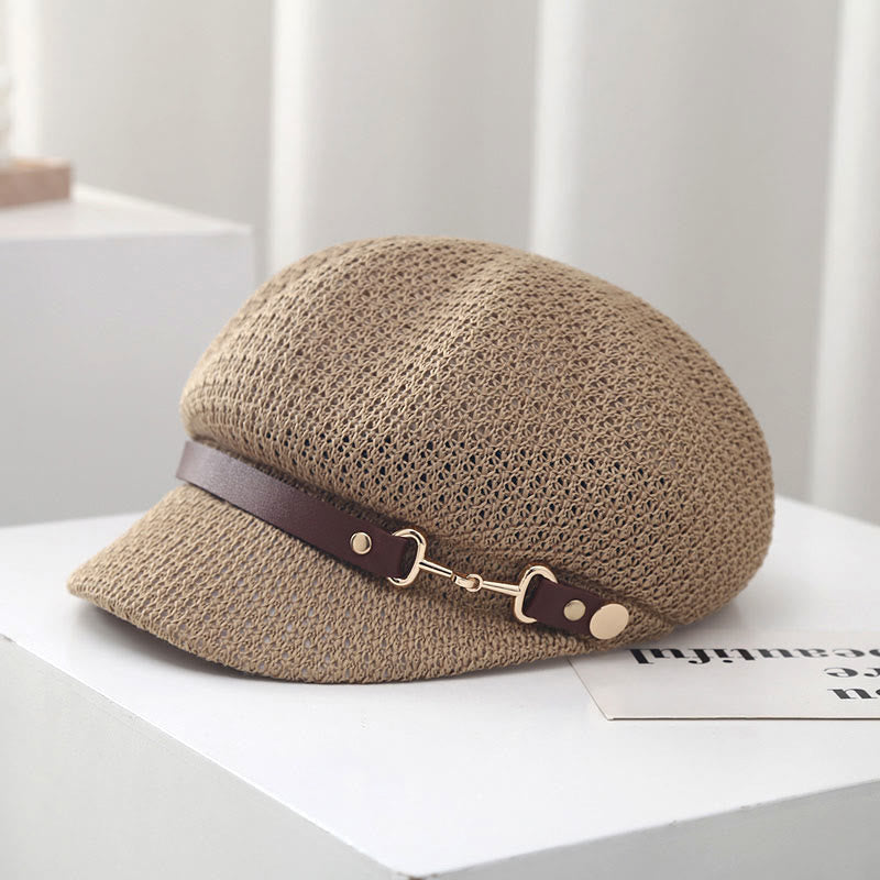 Damen Sommer Baskenmütze aus Stroh mit Lederbanddekor