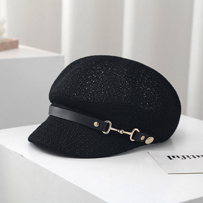 Damen Sommer Baskenmütze aus Stroh mit Lederbanddekor