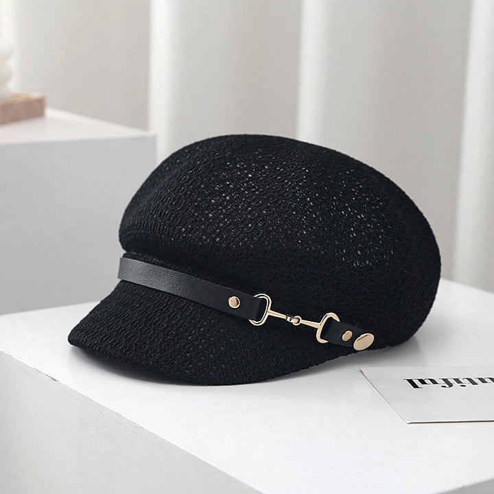 Damen Sommer Baskenmütze aus Stroh mit Lederbanddekor