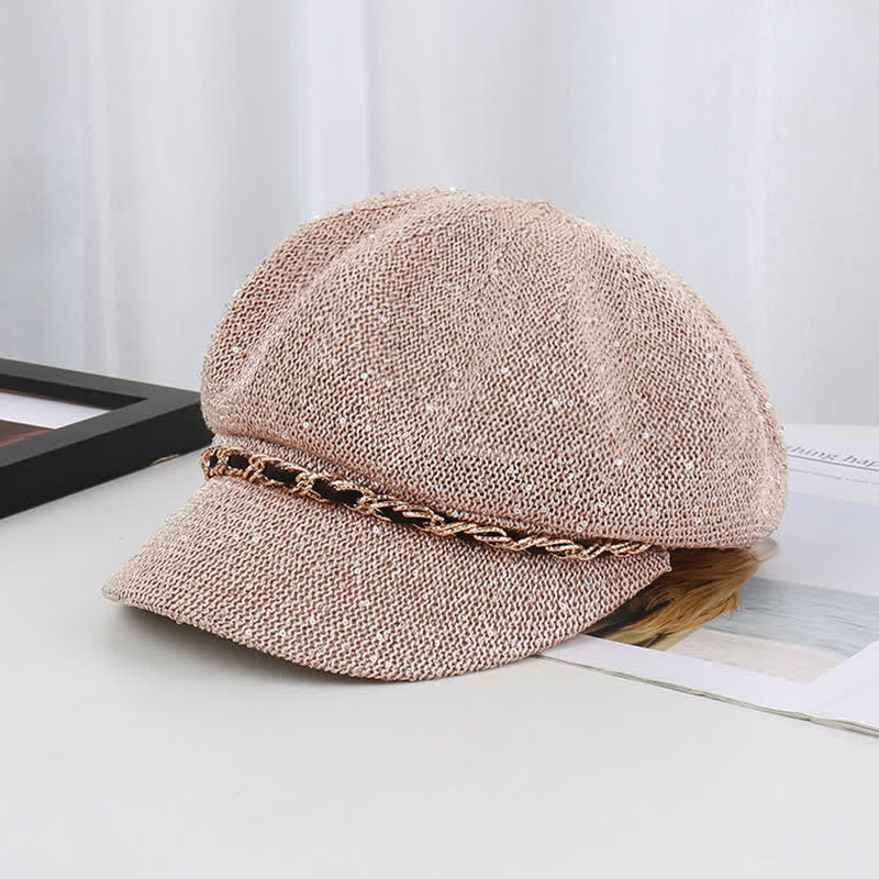 Achteckiger Baskenhut aus Stroh mit goldener Kette und Pailletten für Damen