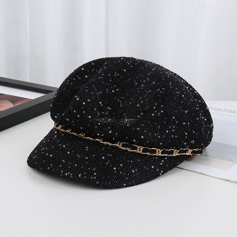 Achteckiger Baskenhut aus Stroh mit goldener Kette und Pailletten für Damen