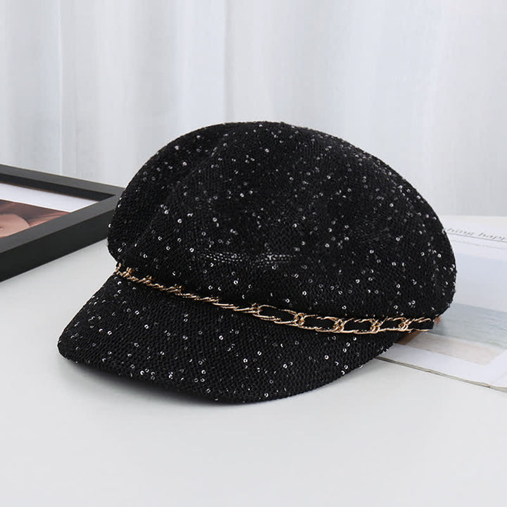 Achteckiger Baskenhut aus Stroh mit goldener Kette und Pailletten für Damen