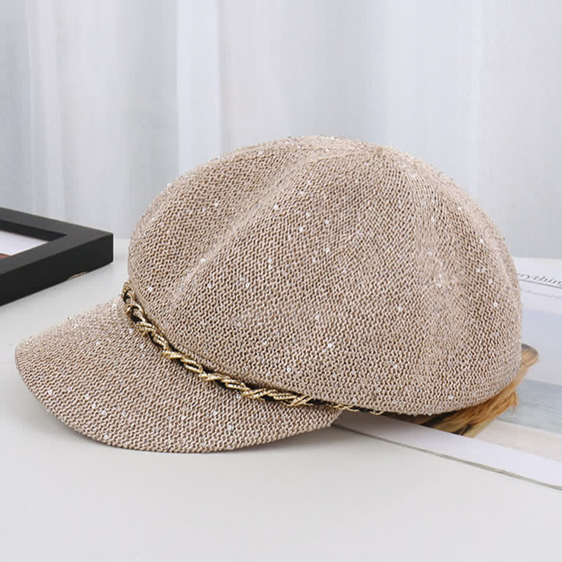 Achteckiger Baskenhut aus Stroh mit goldener Kette und Pailletten für Damen