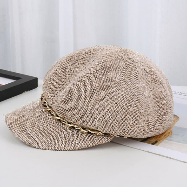 Achteckiger Baskenhut aus Stroh mit goldener Kette und Pailletten für Damen
