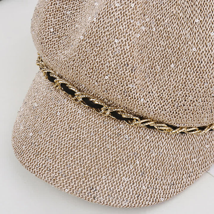 Achteckiger Baskenhut aus Stroh mit goldener Kette und Pailletten für Damen