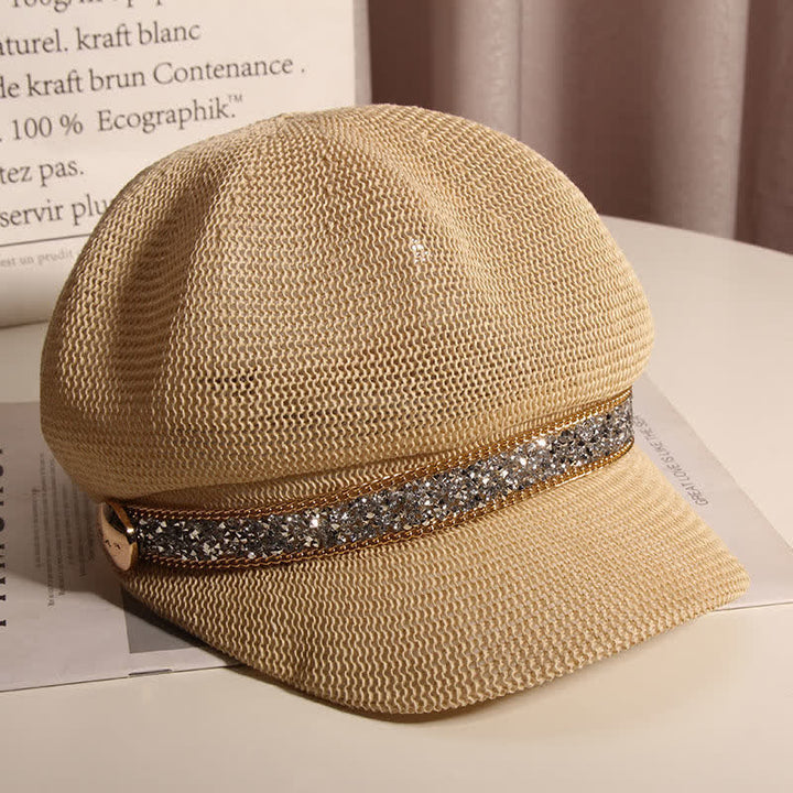 Schicke Baskenmütze aus Stroh mit goldener Kette und silbernem Strass für Damen