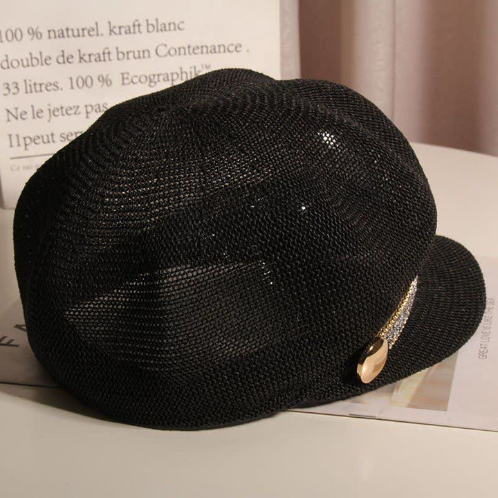 Schicke Baskenmütze aus Stroh mit goldener Kette und silbernem Strass für Damen