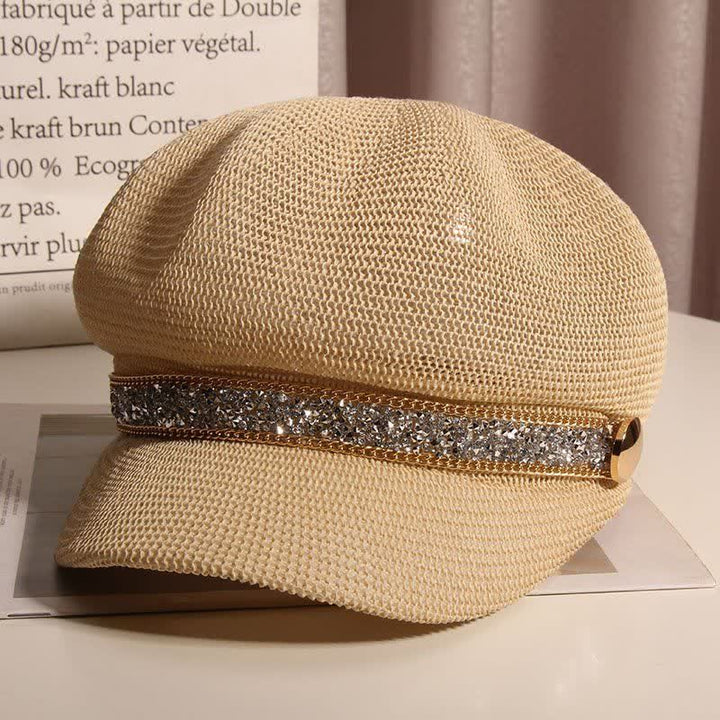 Schicke Baskenmütze aus Stroh mit goldener Kette und silbernem Strass für Damen
