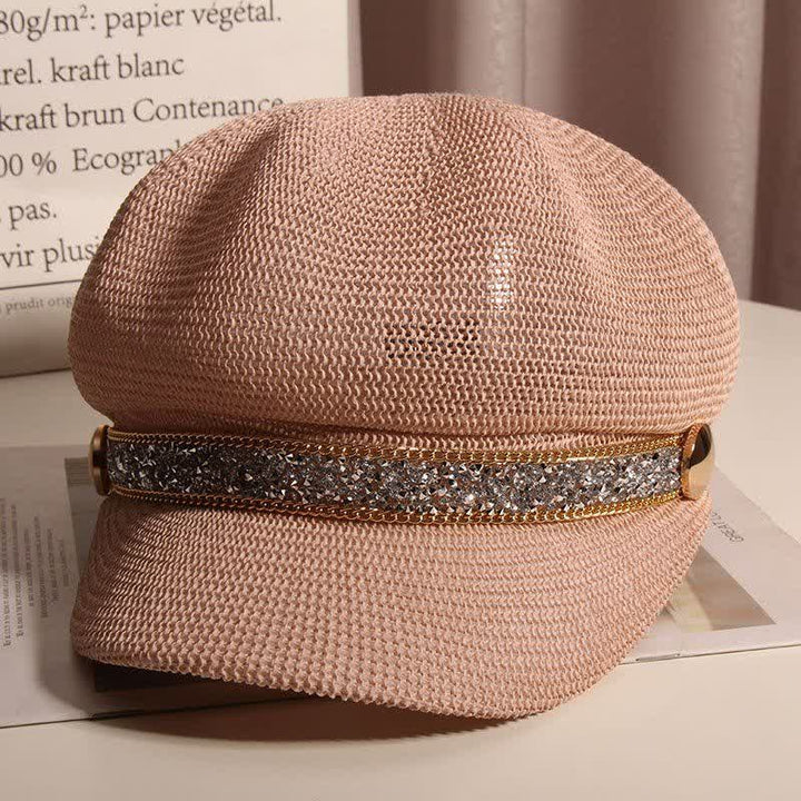 Schicke Baskenmütze aus Stroh mit goldener Kette und silbernem Strass für Damen