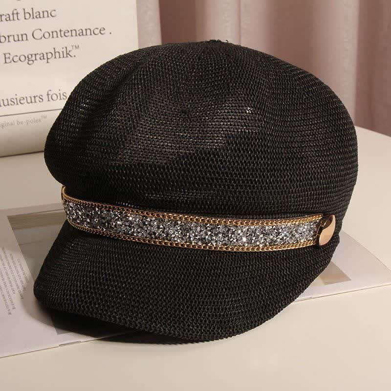 Schicke Baskenmütze aus Stroh mit goldener Kette und silbernem Strass für Damen