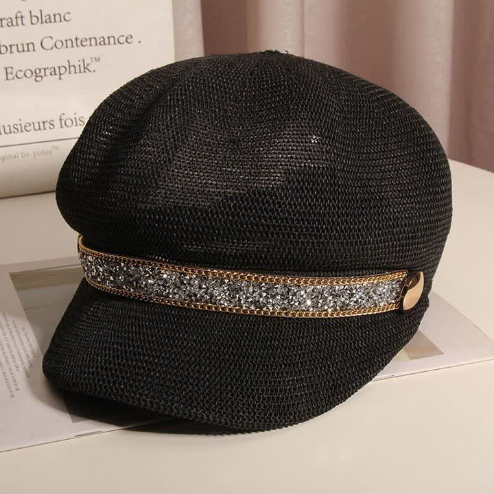Schicke Baskenmütze aus Stroh mit goldener Kette und silbernem Strass für Damen