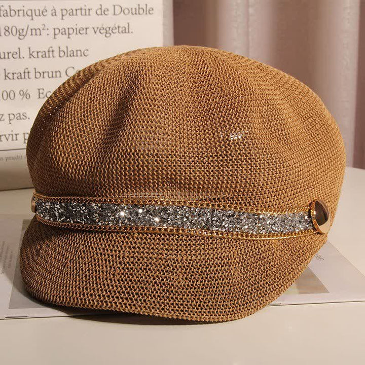 Schicke Baskenmütze aus Stroh mit goldener Kette und silbernem Strass für Damen