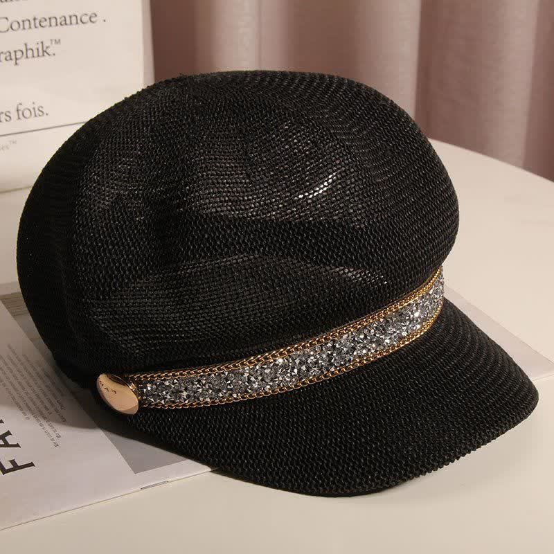 Schicke Baskenmütze aus Stroh mit goldener Kette und silbernem Strass für Damen
