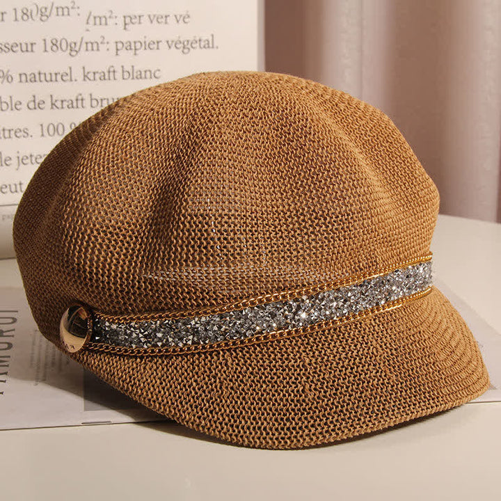 Schicke Baskenmütze aus Stroh mit goldener Kette und silbernem Strass für Damen