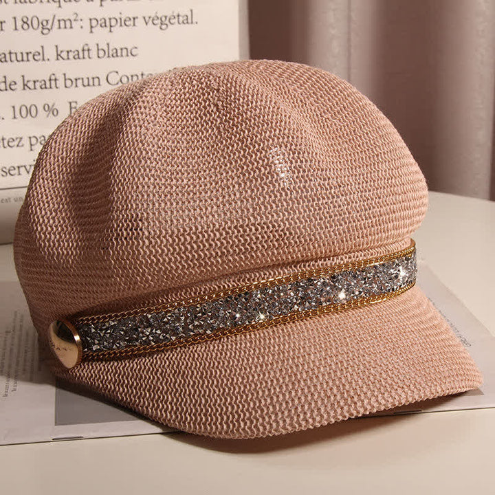 Schicke Baskenmütze aus Stroh mit goldener Kette und silbernem Strass für Damen