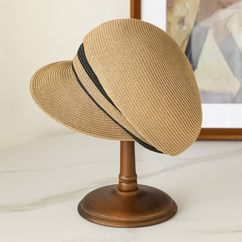 Klassischer, gestreifter, gewebter Strand-Strohhut mit Visier für Damen