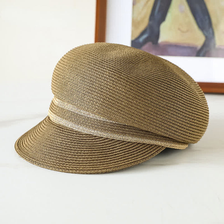 Klassischer, gestreifter, gewebter Strand-Strohhut mit Visier für Damen