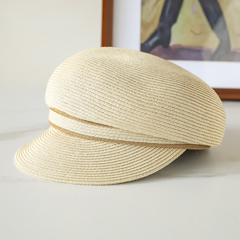 Klassischer, gestreifter, gewebter Strand-Strohhut mit Visier für Damen