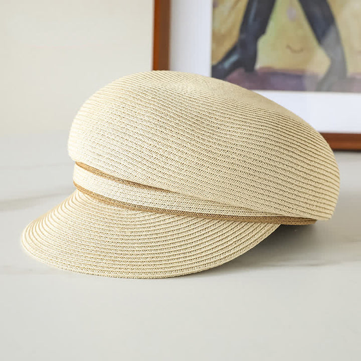 Klassischer, gestreifter, gewebter Strand-Strohhut mit Visier für Damen