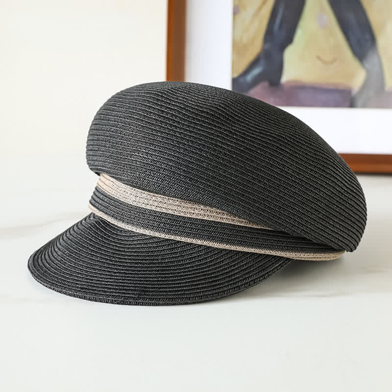 Klassischer, gestreifter, gewebter Strand-Strohhut mit Visier für Damen