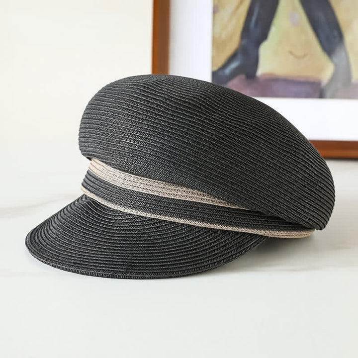 Klassischer, gestreifter, gewebter Strand-Strohhut mit Visier für Damen