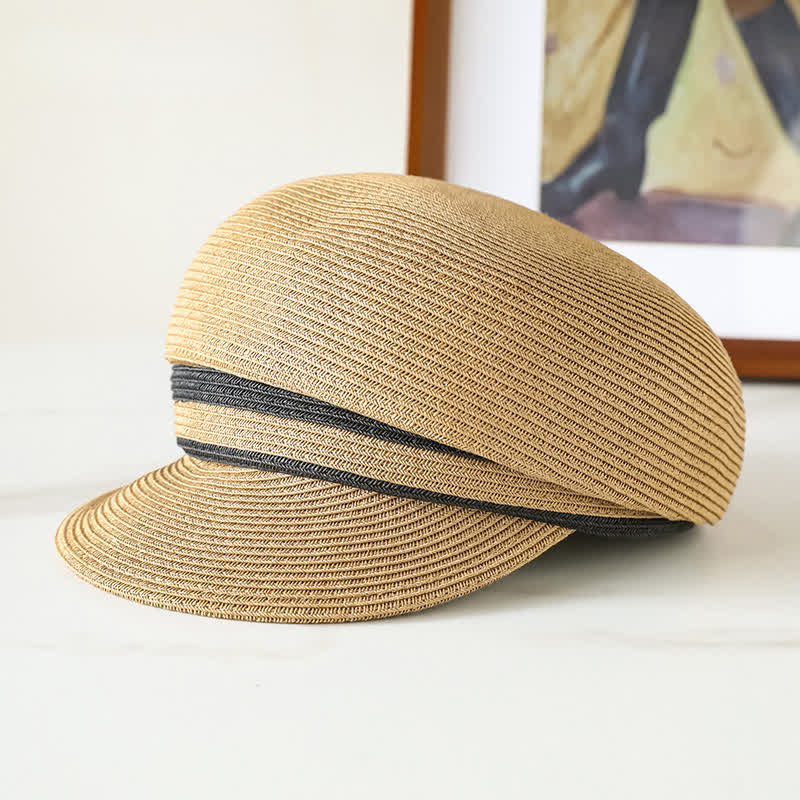 Klassischer, gestreifter, gewebter Strand-Strohhut mit Visier für Damen