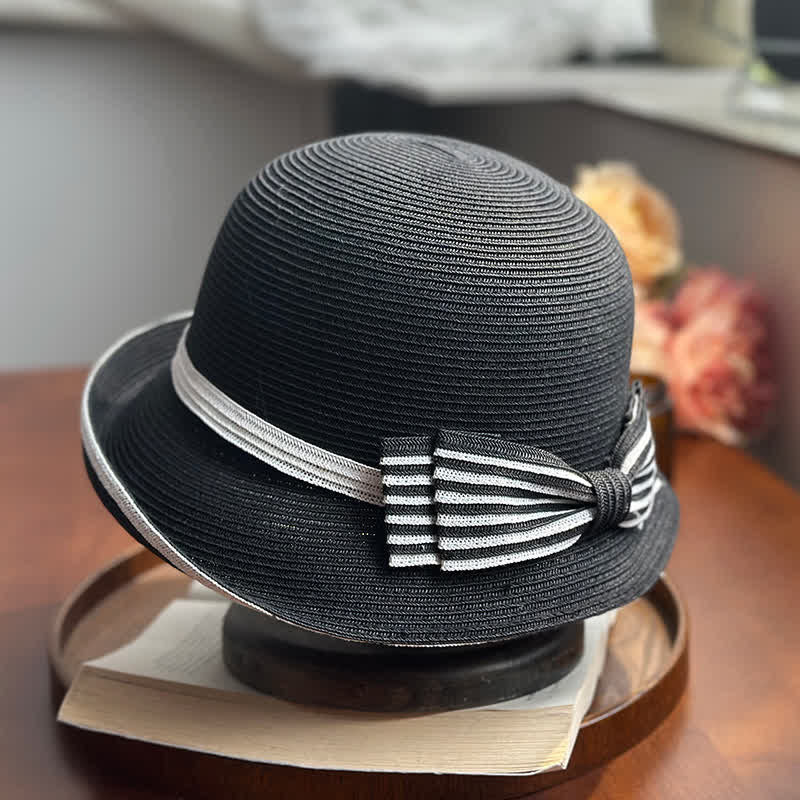 Fedora-Hut aus Stroh mit Streifen und Schleife für den Strand für Damen