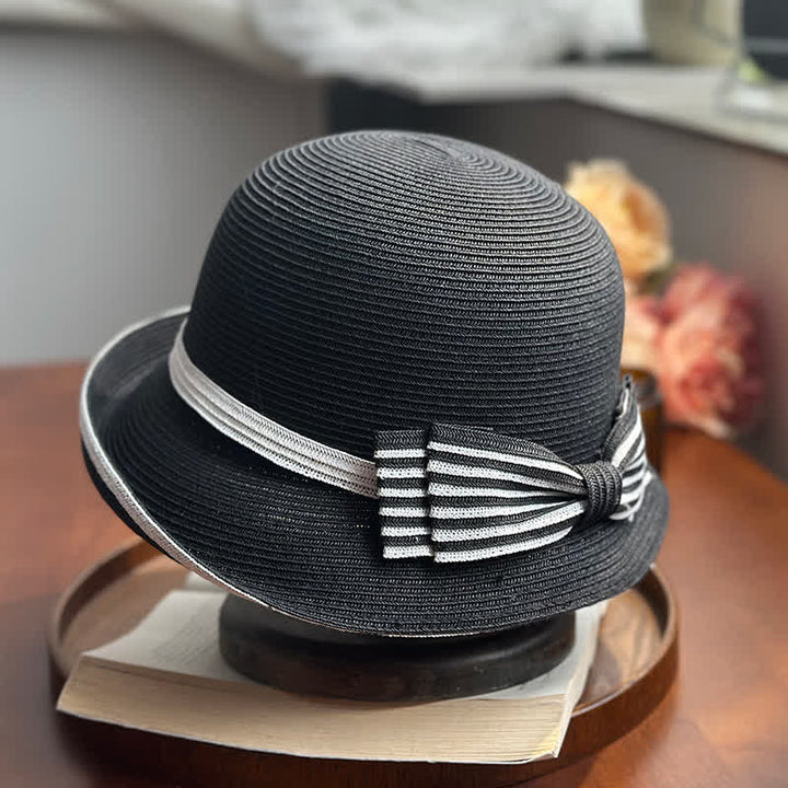 Fedora-Hut aus Stroh mit Streifen und Schleife für den Strand für Damen