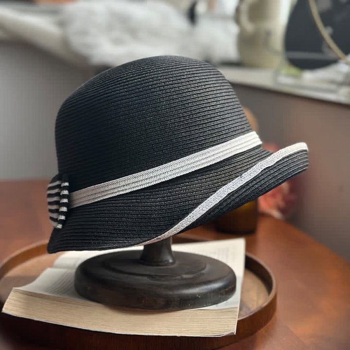 Fedora-Hut aus Stroh mit Streifen und Schleife für den Strand für Damen