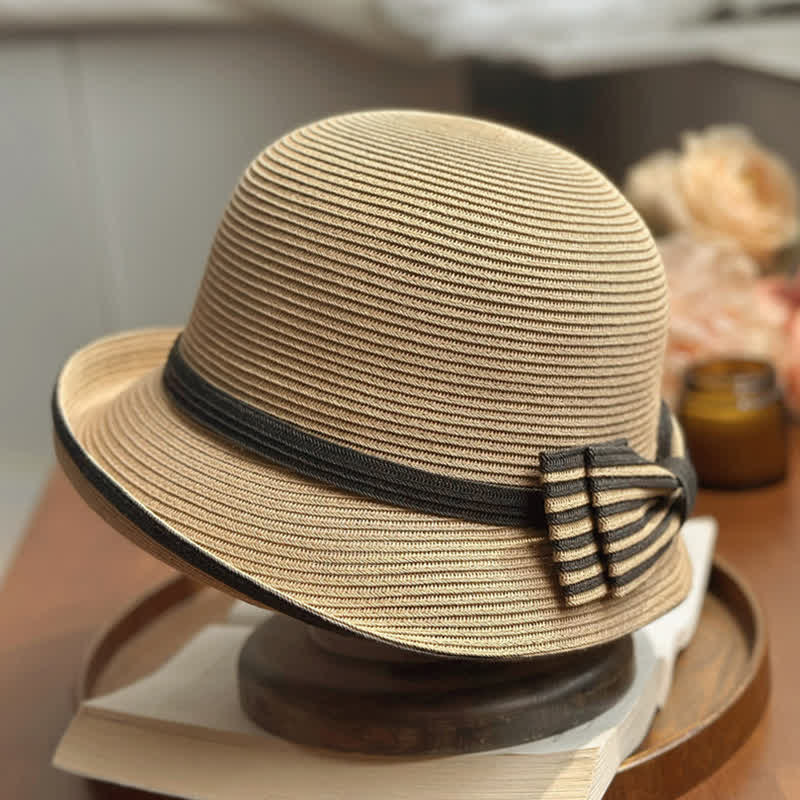 Fedora-Hut aus Stroh mit Streifen und Schleife für den Strand für Damen
