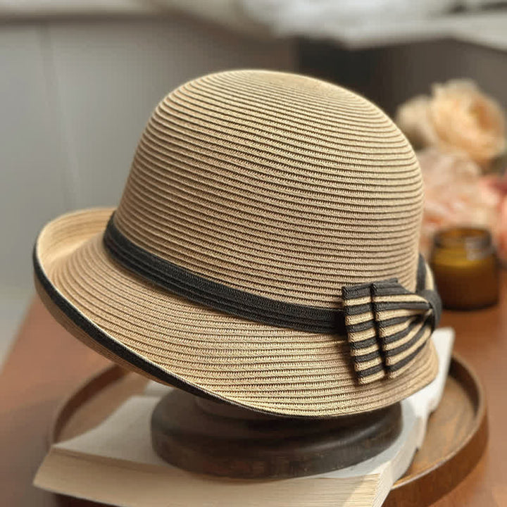 Fedora-Hut aus Stroh mit Streifen und Schleife für den Strand für Damen