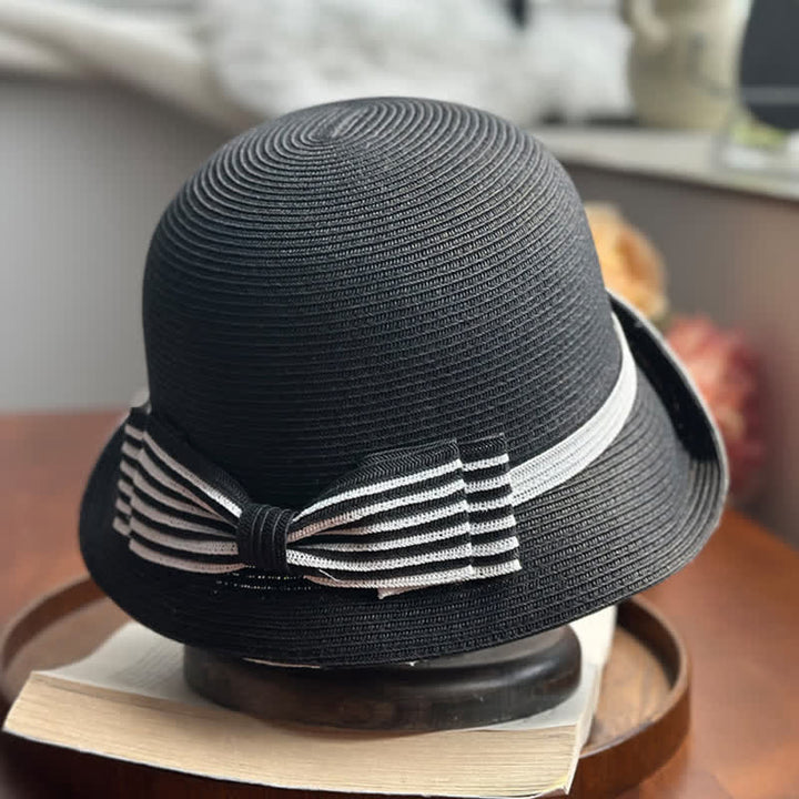 Fedora-Hut aus Stroh mit Streifen und Schleife für den Strand für Damen