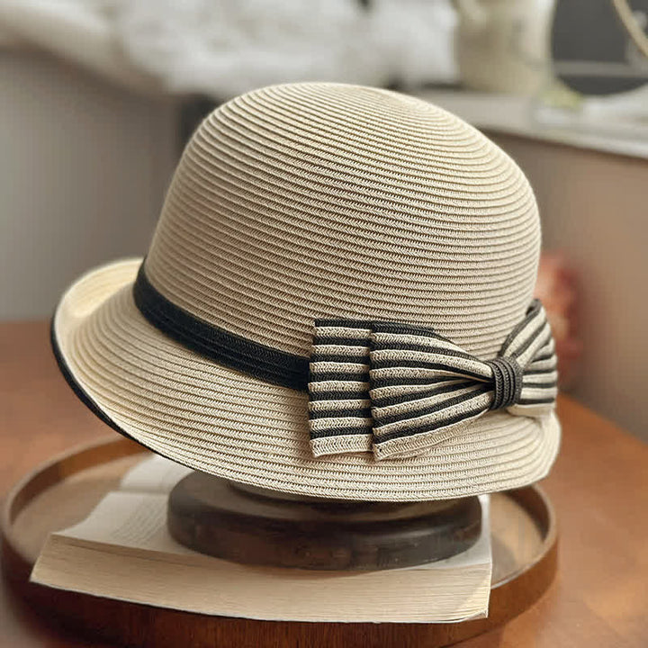 Fedora-Hut aus Stroh mit Streifen und Schleife für den Strand für Damen