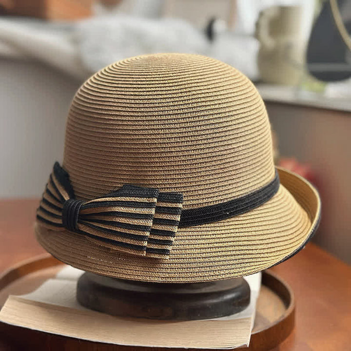 Fedora-Hut aus Stroh mit Streifen und Schleife für den Strand für Damen