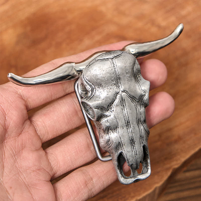 Einzigartiger Longhornkopf DIY verstecktes Messer Silberschnalle Ledergürtel