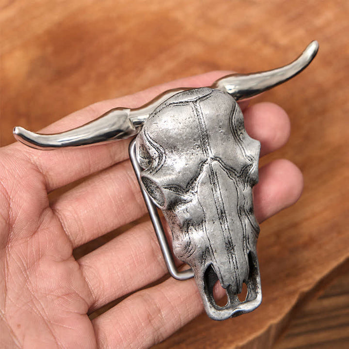 Einzigartiger Longhornkopf DIY verstecktes Messer Silberschnalle Ledergürtel